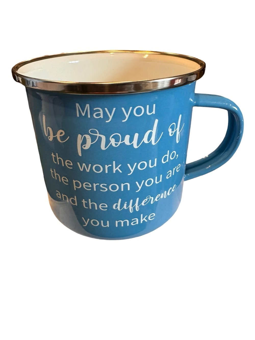 Blue Inspirational Enamel Mug - 'Be Proud'